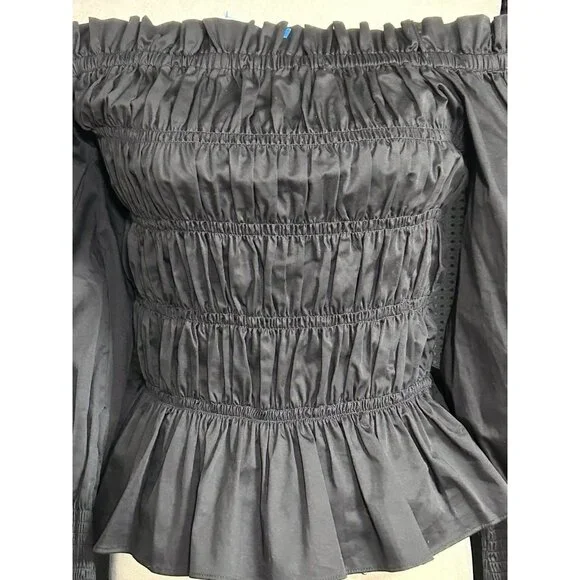 House of Harlow 1960 Black Smocked Off Shoulder Peplum Puff Sleeves Blouse Top L - Picture 2 of 9